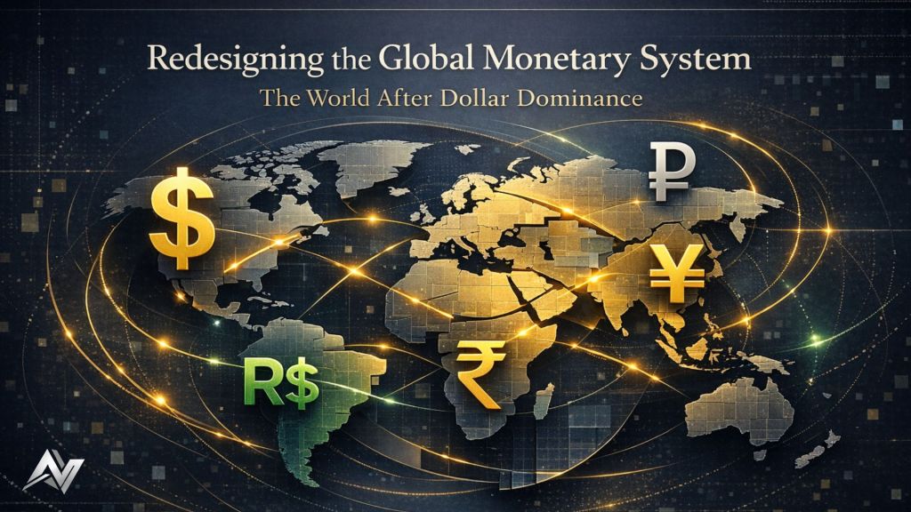 World map illustrating the redesign of the global monetary system with currency symbols including the dollar, euro, rouble, yuan, rupee, and real, emphasizing the shift away from dollar dominance.