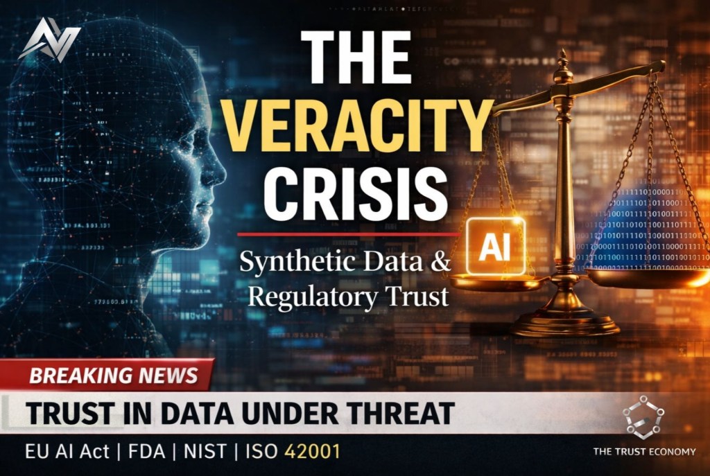 A digital graphic depicting a stylized human head with data patterns, alongside a scale symbolizing balance, emphasizing the themes of synthetic data and regulatory trust in relation to the veracity crisis and data integrity.