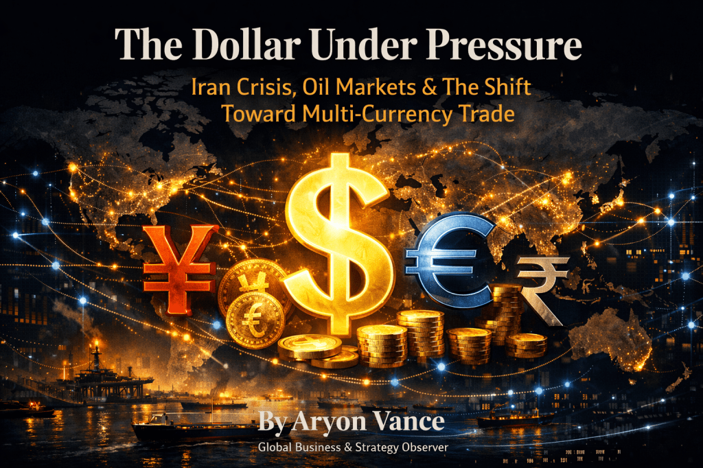 An artistic representation of global currencies including the dollar, euro, yen, and rupee, against a backdrop of a world map with interconnected lines, symbolizing multi-currency trade amid economic pressures.